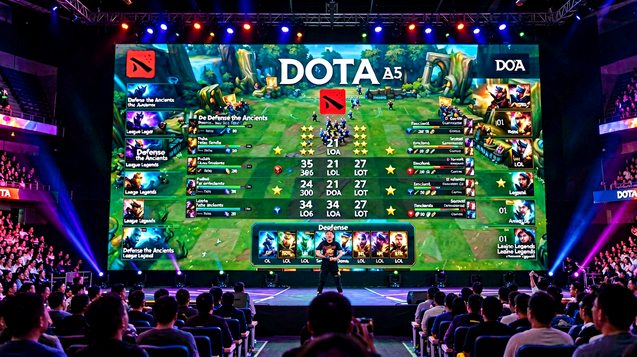 DOTA2国际邀请赛现场，巨大屏幕显示游戏画面